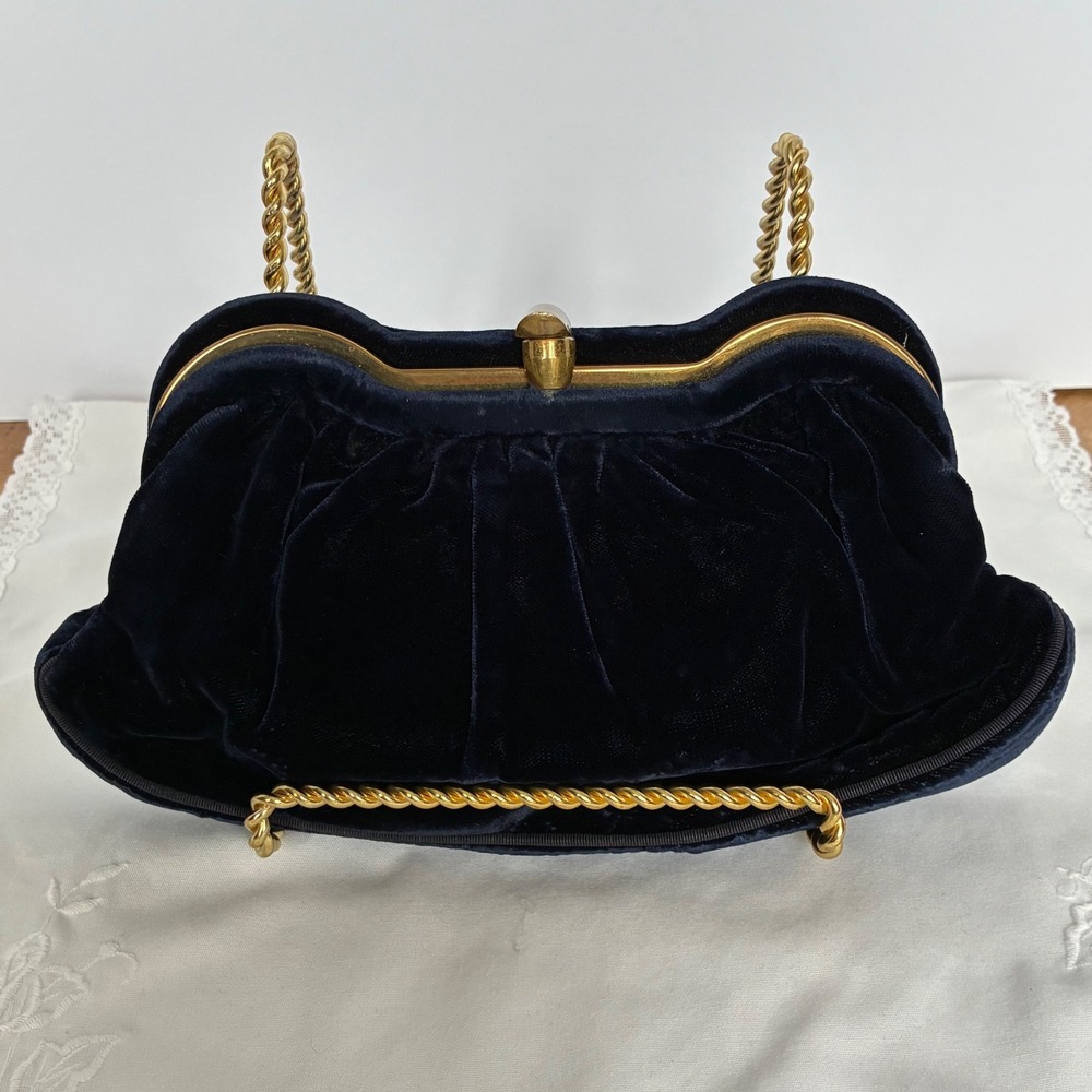 Vintage L & M Evening Bag Navy Blue Velvet Gold Frame Clasp Closure Clutch Bag